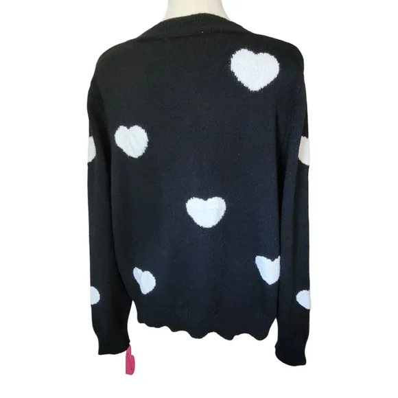 Nanette Lepore Heart Print Cardigan Black White Pearl Button XL Romantic Chic - Picture 10 of 17